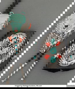 70414&colon; Two Southwest Jewelry Items   including a bolo t: Two Southwest Jewelry Items including a bolo tie and a bow guard &lpar;ketoh&rpar;&comma; silver&comma; turquoise&comma; coral&comma; shell&comma; commercial leather Height of bow guard&colon; 4 &amp;