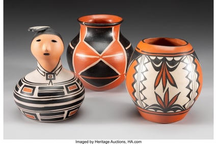 70447: Three Southwest Polychrome Pottery Items inc