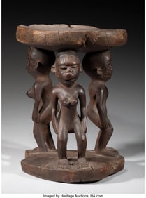 70513: A Makonde Wood Stool with Three Caryatids Ang