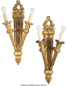 28077&colon; A Pair of Gilt Metal Two-Light Wall Sconces 35 x
