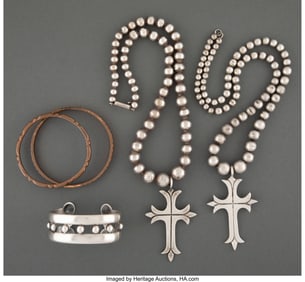 28007&colon; Two Hector Aguilar Silver Cross Necklaces&comma; A Cuf