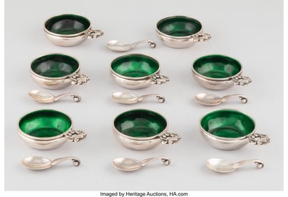 28234: Eight Georg Jensen Acorn Pattern Enameled Silver