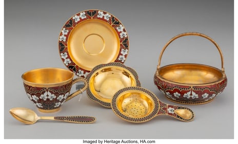 28084&colon; A Soviet Cloisonné Enamel Gilt Silver Tea Set L