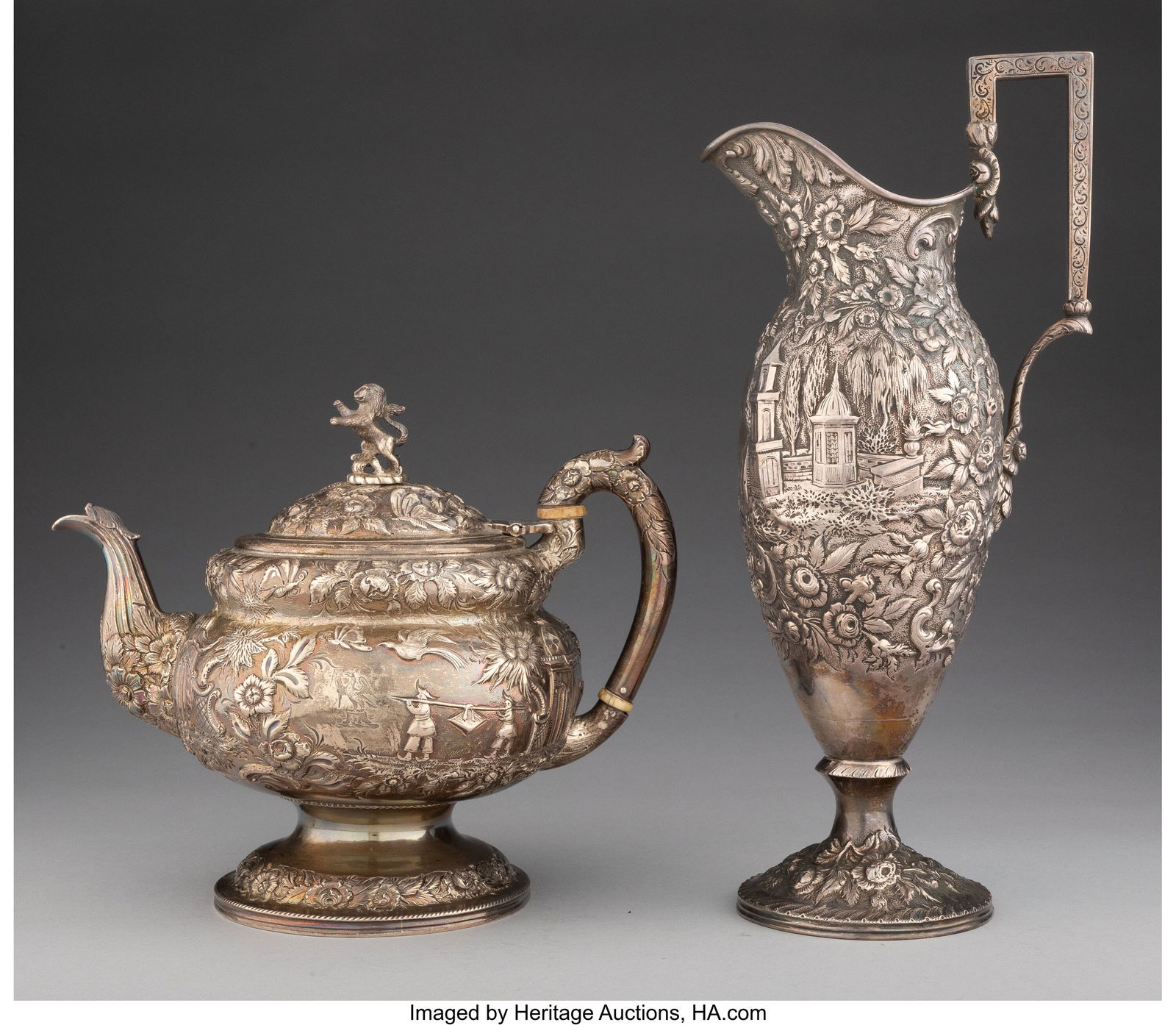 An S. Kirk & Son Weighted Silver Landscape Teapo: An S. Kirk & Son Weighted Silver Landscape Teapot and A G.W. Webb & Co. Silver Landscape Urn, Baltimore, Maryland, 19th century Marks to tallest&c