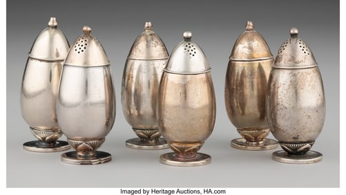 28239: Six Georg Jensen Cactus Pattern Salt & Pepper Sh