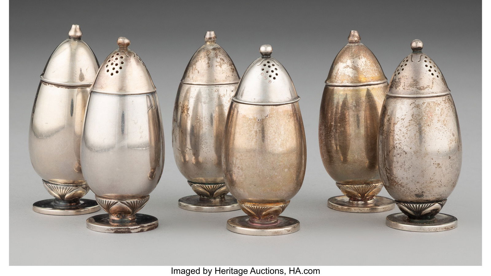 Six Georg Jensen Cactus Pattern Salt & Pepper Sh: Six Georg Jensen Cactus Pattern Salt & Pepper Shakers, Copenhagen, Denmark, 1935 and later Designed by Gundorph Albertus Marks: 925.S, STERLING DENMARK,