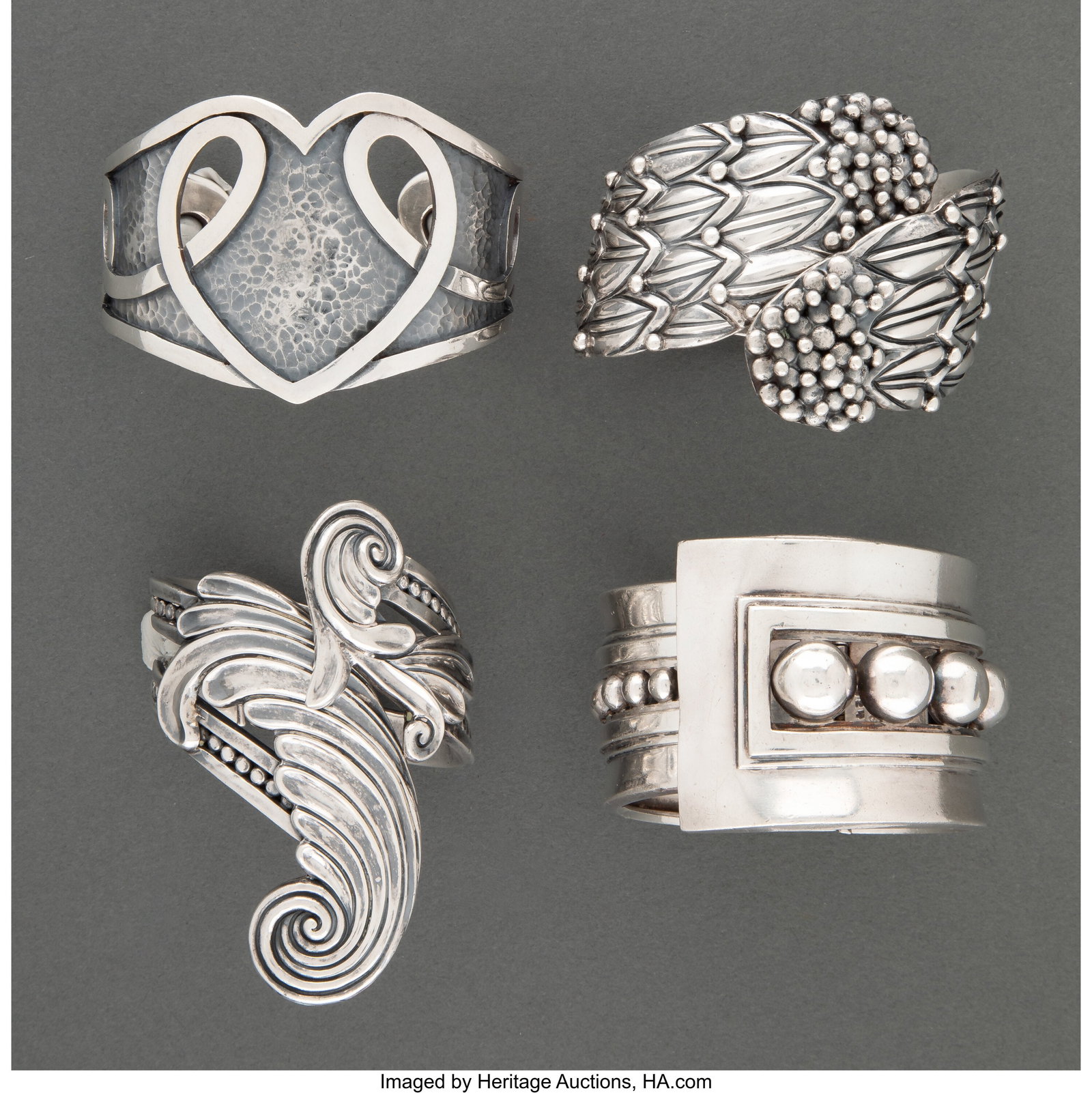 Four Margot de Taxco Silver Cuffs, Taxco, Mexico: Four Margot de Taxco Silver Cuffs, Taxco, Mexico, mid-20th century Marks to one: STERLING MADE IN MEXICO, (eagle-16), MARGOT DE TAXCO, 5247 Inner ci