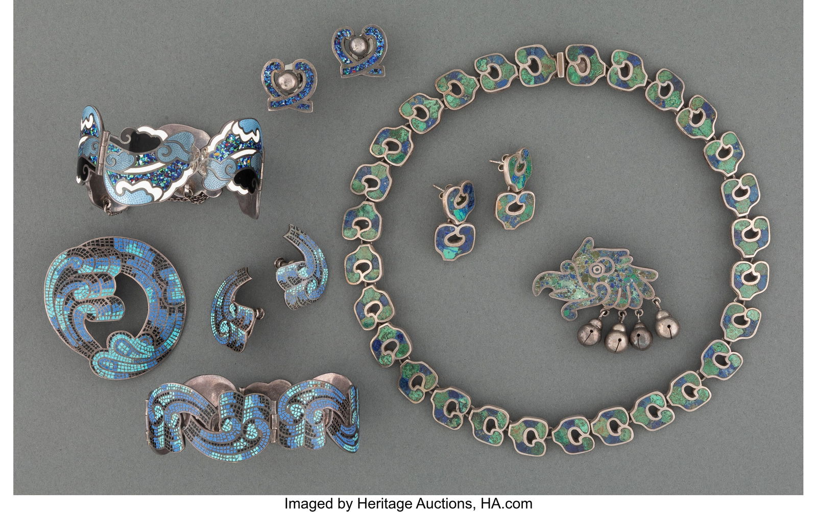 An Eleven-Piece Collection of Los Castillo & Mar: An Eleven-Piece Collection of Los Castillo & Margot de Taxco Enameled and Inlaid Silver Jewelry, Taxco, Mexico, mid to late 20th century Marks to largest: LOS CASTILLO TAXC