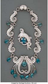 28024&colon; A Los Castillo Silver & Glass Necklace and Brooc