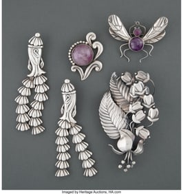 28026: Five Los Castillo Silver and Amethyst Brooches,