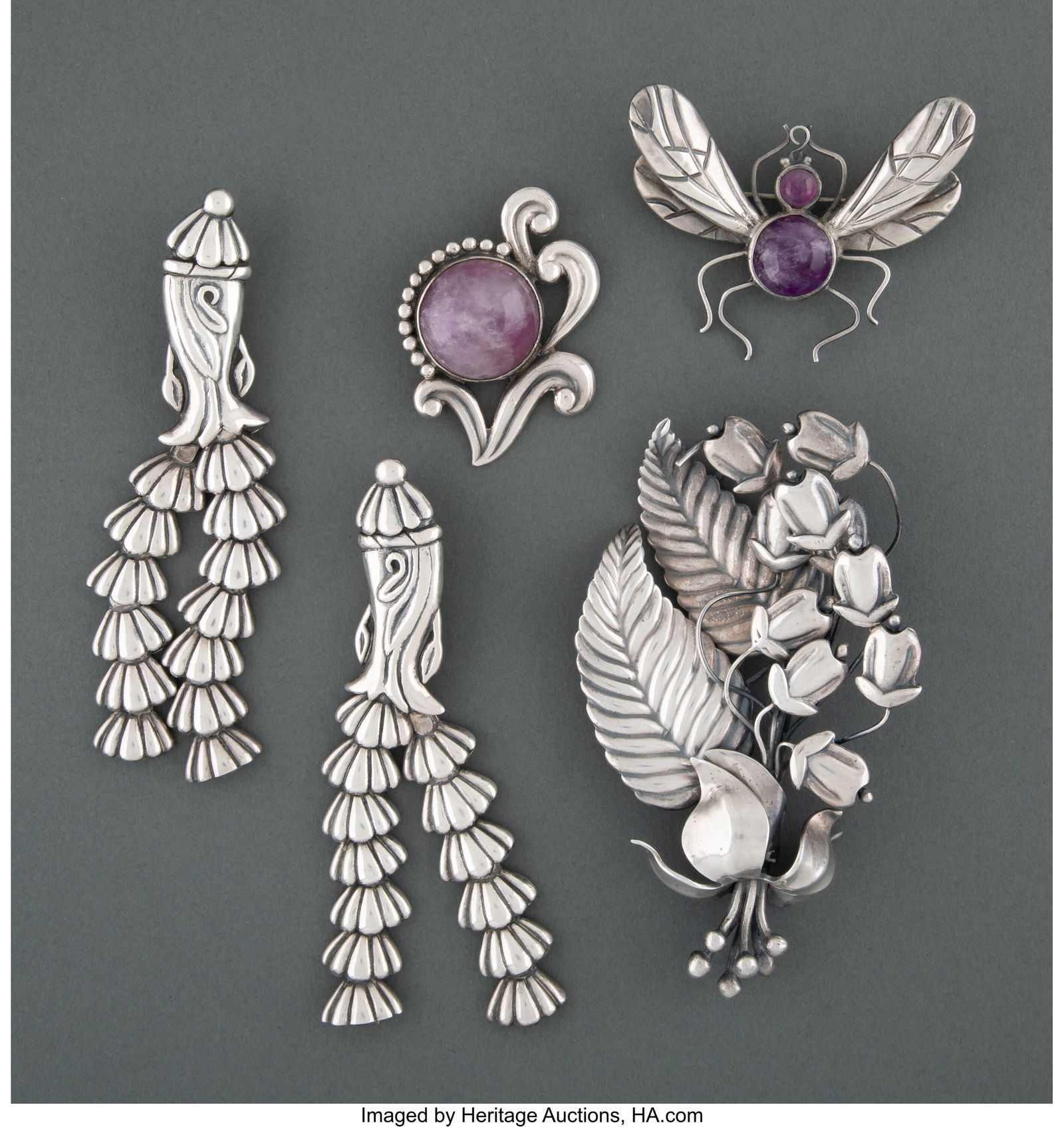 Five Los Castillo Silver and Amethyst Brooches,: Five Los Castillo Silver and Amethyst Brooches, Taxco, Mexico, mid-20th century Marks to largest: LOS CASTILLO, TAXCO, STERLING MEXICO, 621 2-3/4 x 4-3&so