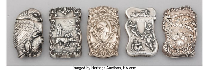 28196&colon; Five American Silver and Metal Match Safes&comma; late