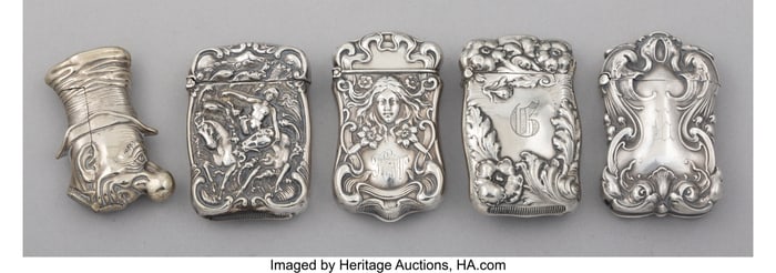 28198: Five Partial Gilt Silver Match Safes Marks to on