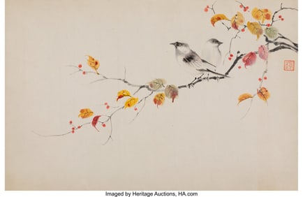 28107: Tsuruoka Kakunen (1892-1977) Two Songbirds on Au