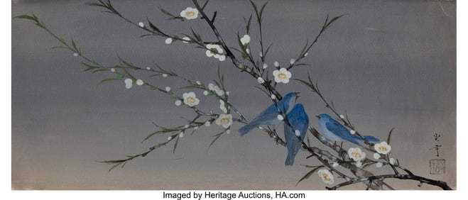 28109: Tsuruoka Kakunen (1892-1977) Three Bluebirds on