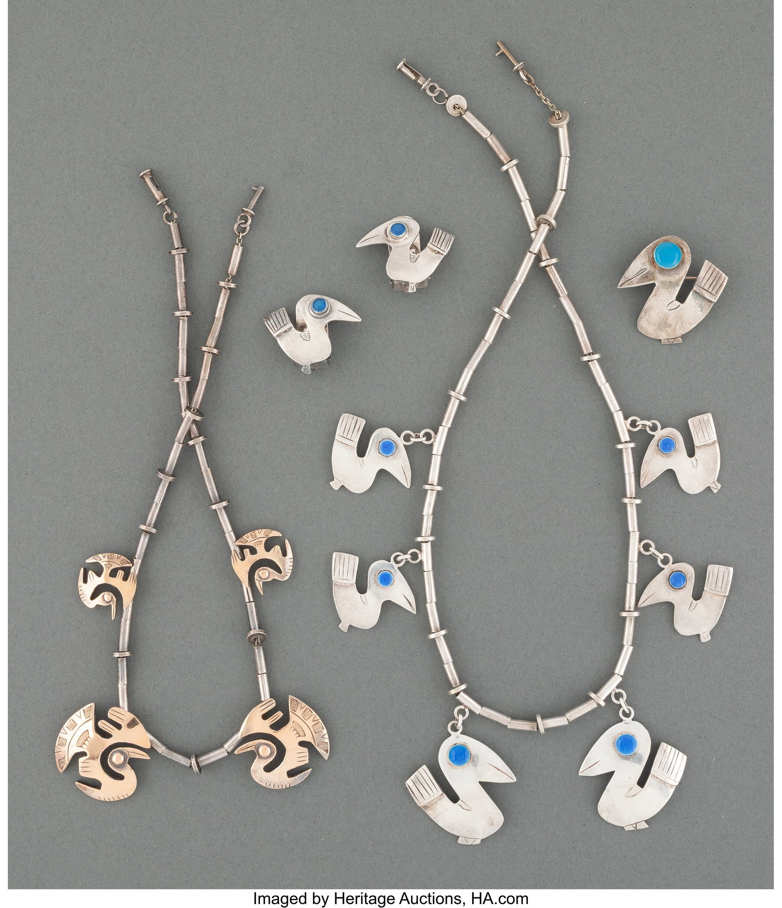 A Five-Piece Collection of Gino Laffi Partial Gi: A Five-Piece Collection of Gino Laffi Partial Gilt and Enameled Silver Jewelry, Lima, Peru, late 20th century Marks to longest: PERU, G.LAFFI, 925 17-1/2