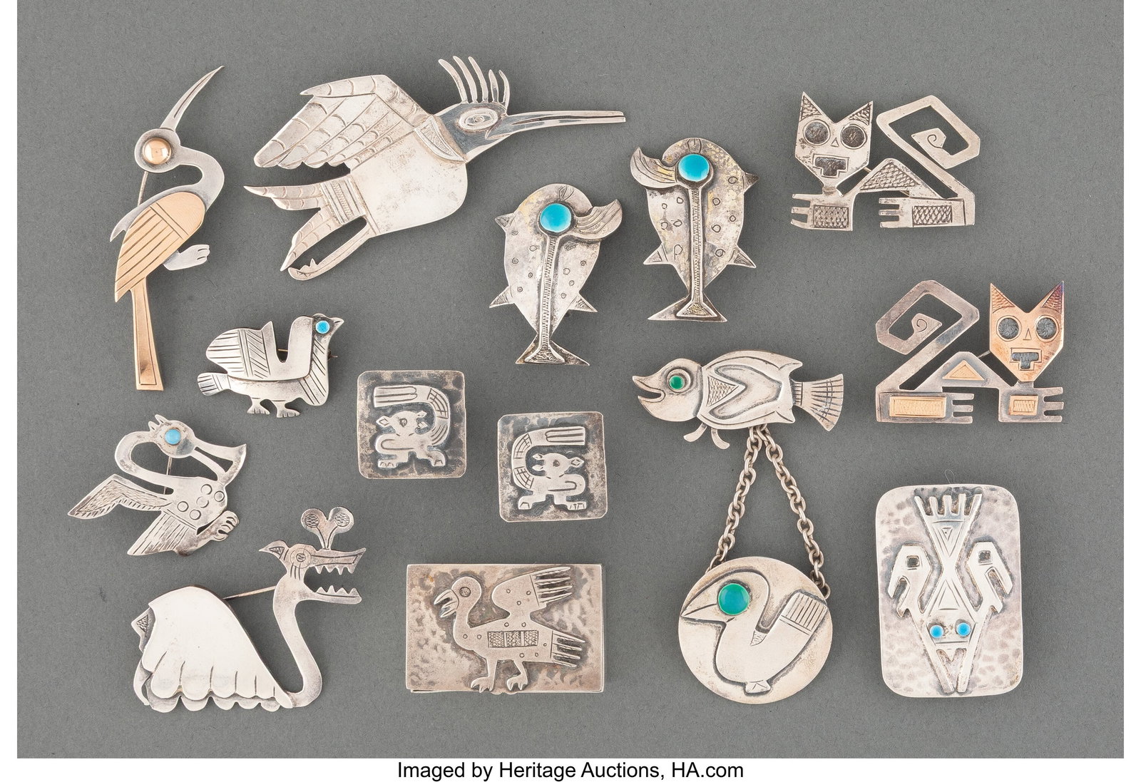 A Fourteen-Piece Collection of Gino Laffi Partia: A Fourteen-Piece Collection of Gino Laffi Partial Gilt & Enameled Silver Jewelry, Lima, Peru, late 20th century Marks to largest: PERU, G.LAFFI, 925 0-1&