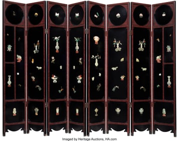 28116: A Chinese Hardstone-Inlaid Eight-Panel Lacquer S