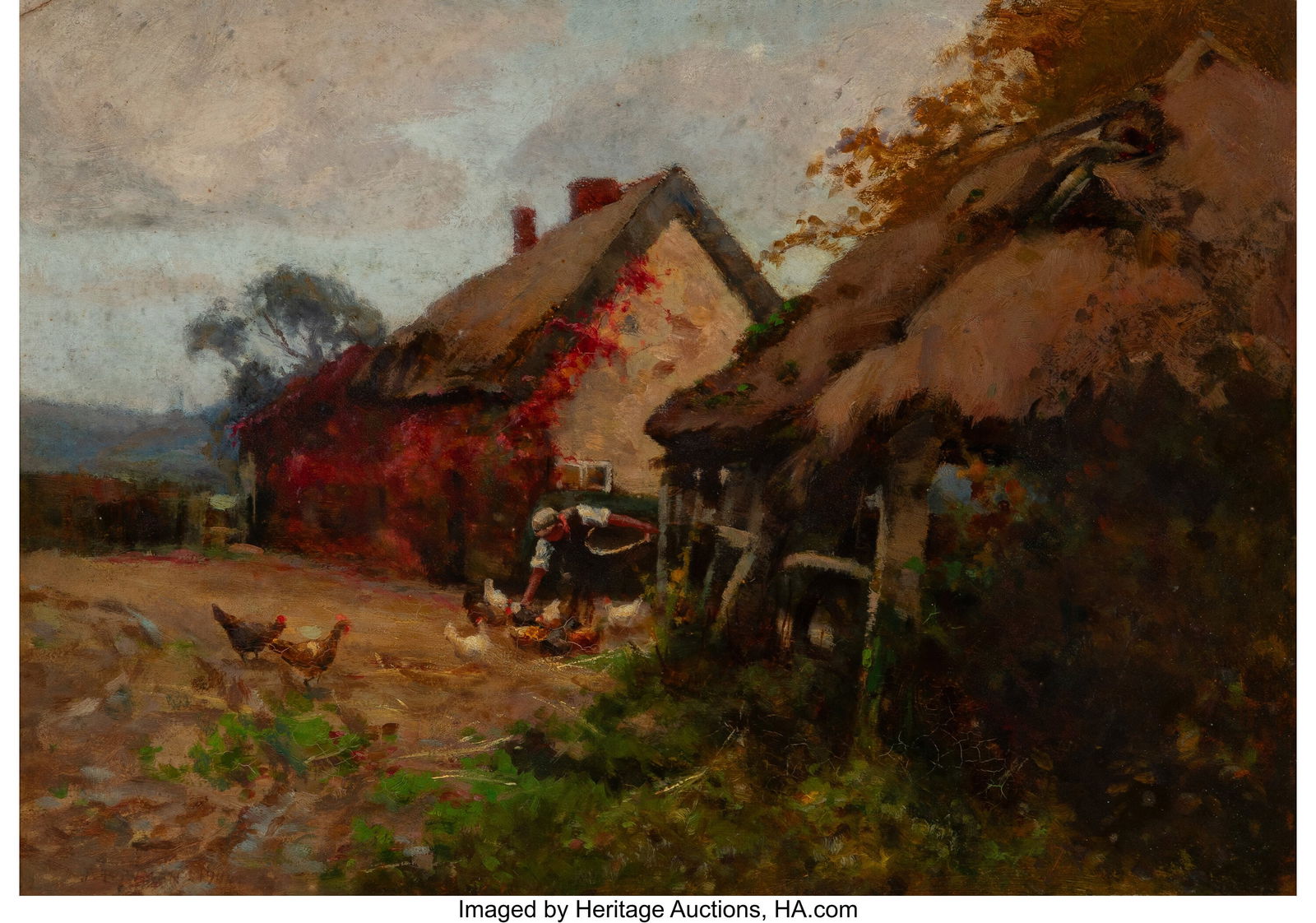 Attributed to John Bowman (British, 1872-1915) F: Attributed to John Bowman (British, 1872-1915) Feeding the chickens Oil on board 9-1/2 x 13-1/2 inches (24.1 x 34.3 cm) (sight) PROVENANCE&col