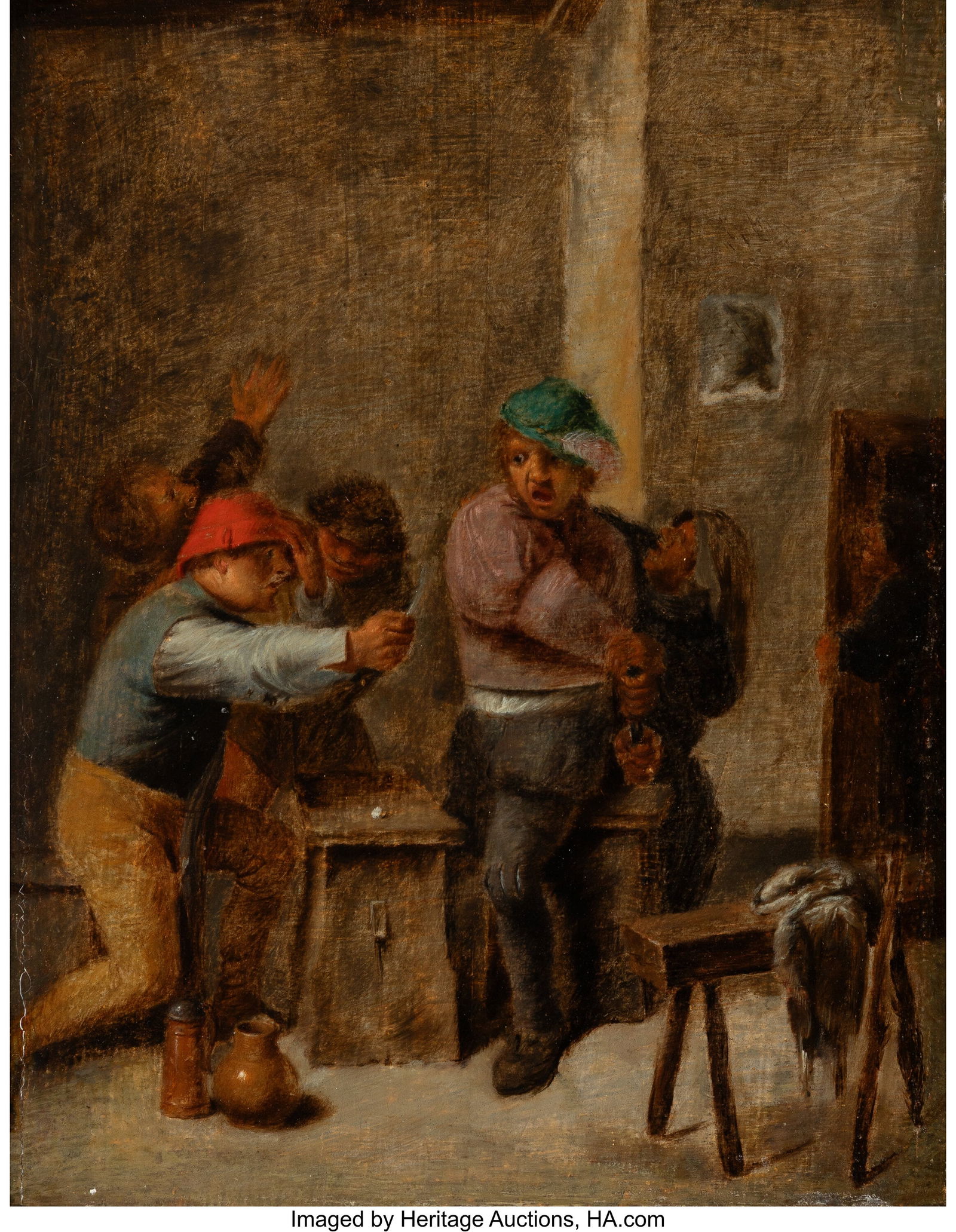After Adriaen Brouwer (Belgian, 1605-1638) Figur: After Adriaen Brouwer (Belgian, 1605-1638) Figures brawling in a tavern Oil on panel 9 x 7-5/8 inches (22.9 x 19.4 cm) PROVENANCE: (With) J&