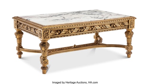 28074: A Carved Gilt Wood Coffee Table with Marble Top