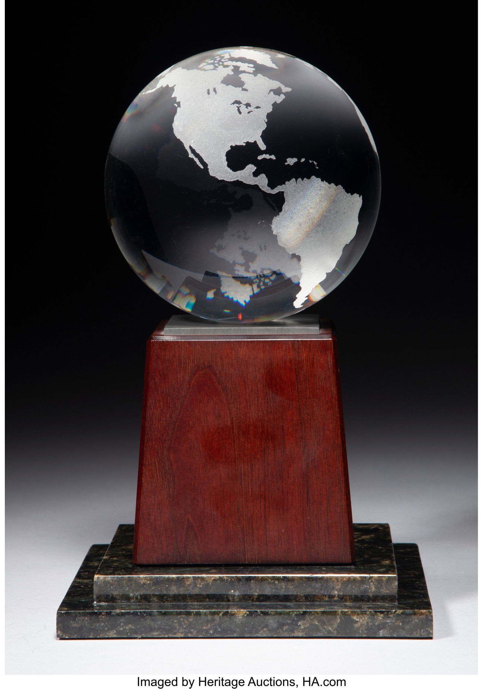 Joel Smith for Steuben Glass Works Planet Earth: Joel Smith for Steuben Glass Works Planet Earth with Original Fitted Box and Stand, designed 1992 Glass 8-1/2 x 5-1/8 x 5-1/8 inches (21.6 x 13.0 x 13.0 cm&