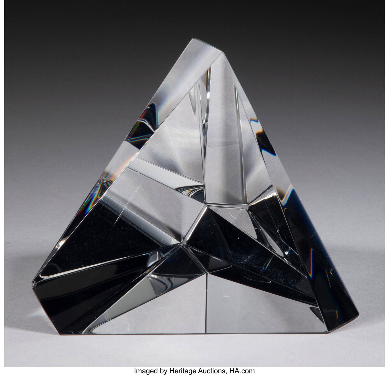 Peter Aldridge for Steuben Glass Works Trigon wi: Peter Aldridge for Steuben Glass Works Trigon with Original Fitted Box, designed 1985 Glass 3-3/4 x 4-1/2 x 4-1/2 inches (9.5 x 11.4 x 11.4 cm) Marked&