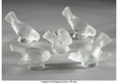 29091: Lalique Five Moineau Paperweights, post-1945 Cle