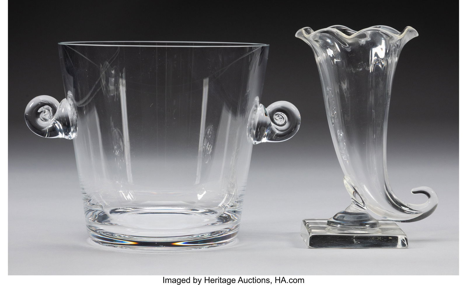 Tiffany & Co., Steuben Glass Works Two Vases, mi: Tiffany & Co., Steuben Glass Works Two Vases, mid-20th century Clear glass 6-1/2 inches (16.5 cm) (tallest, ice bucket) Marks to tallest&col