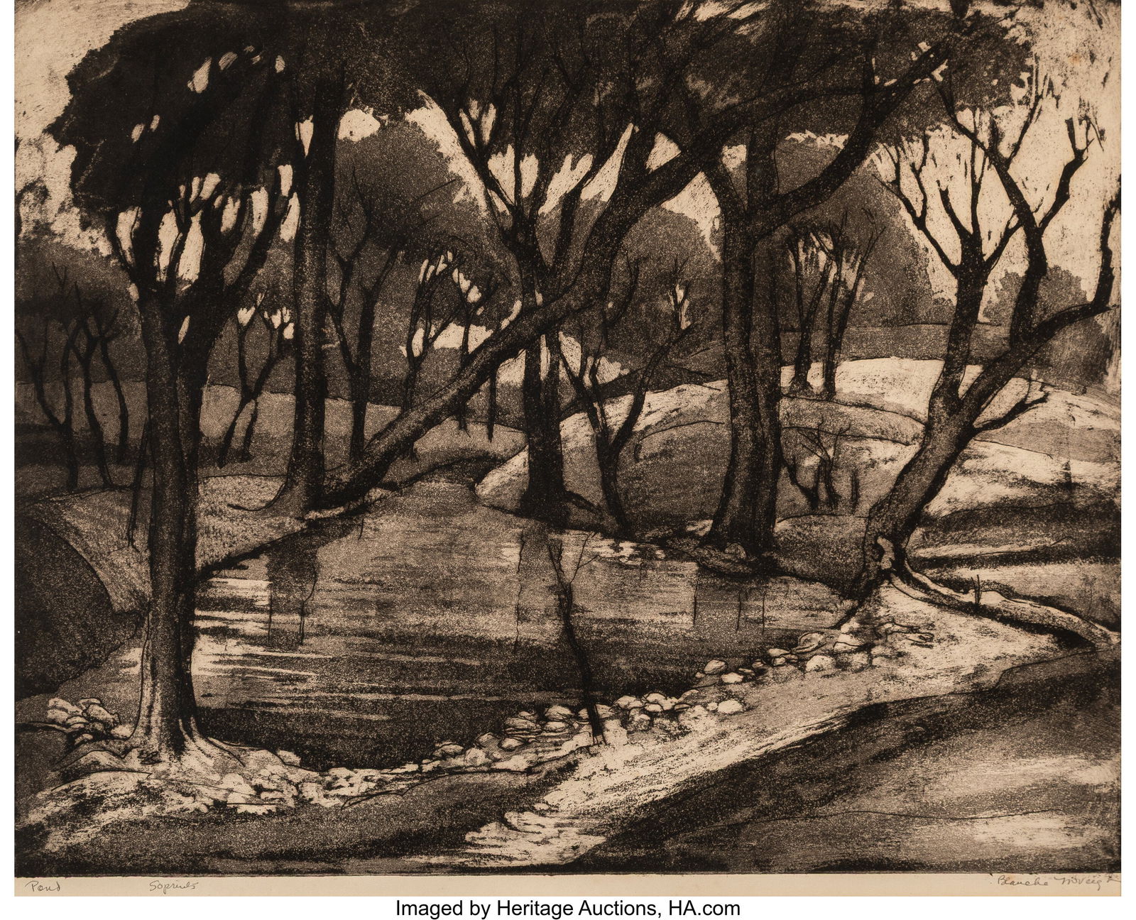 Blanche McVeigh (American, 1895-1970) Pond Aquat: Blanche McVeigh (American, 1895-1970) Pond Aquatint on paper 10-3/4 x 14 inches (27.3 x 35.6 cm) (image) Edition of 50 Signed, dated,