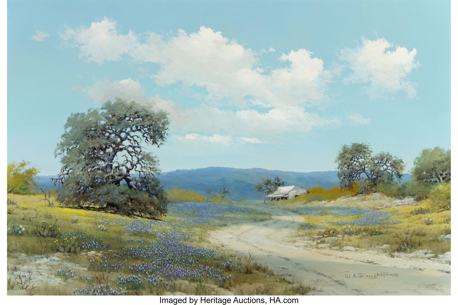 William A. Slaughter (American, 1923-2003) Blueb: William A. Slaughter (American, 1923-2003) Bluebonnets Near the House Oil on canvas 23-3/4 x 36 inches (60.3 x 91.4 cm) Signed lower right: W&p