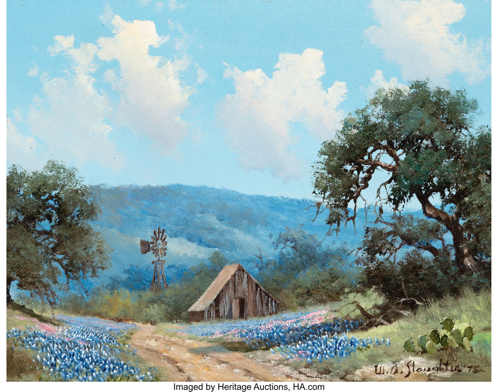 William A. Slaughter (American, 1923-2003) Blueb: William A. Slaughter (American, 1923-2003) Bluebonnets Along the Path, 1975 Oil on canvas 11 x 14 inches (27.9 x 35.6 cm) Signed and dated lower ri