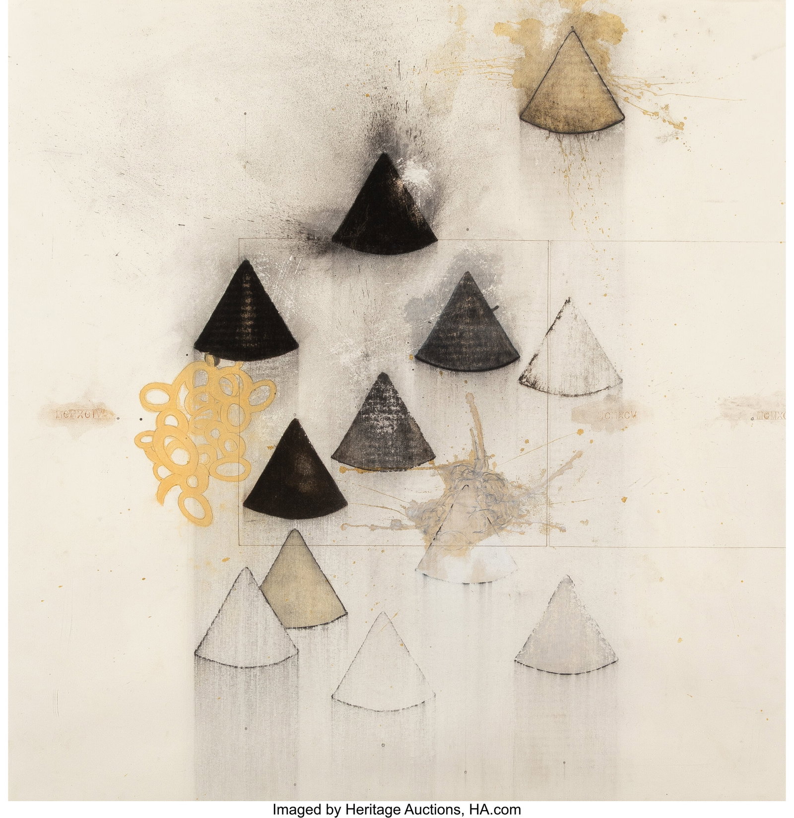 Jesse Amado (b. 1951) Eight (MCMXCIV), 1994 Char: Jesse Amado (b. 1951) Eight (MCMXCIV), 1994 Charcoal, graphite, chalk, Tire Black on paper with metal artist's frame 35-1/2 x 35-1/2 inches &