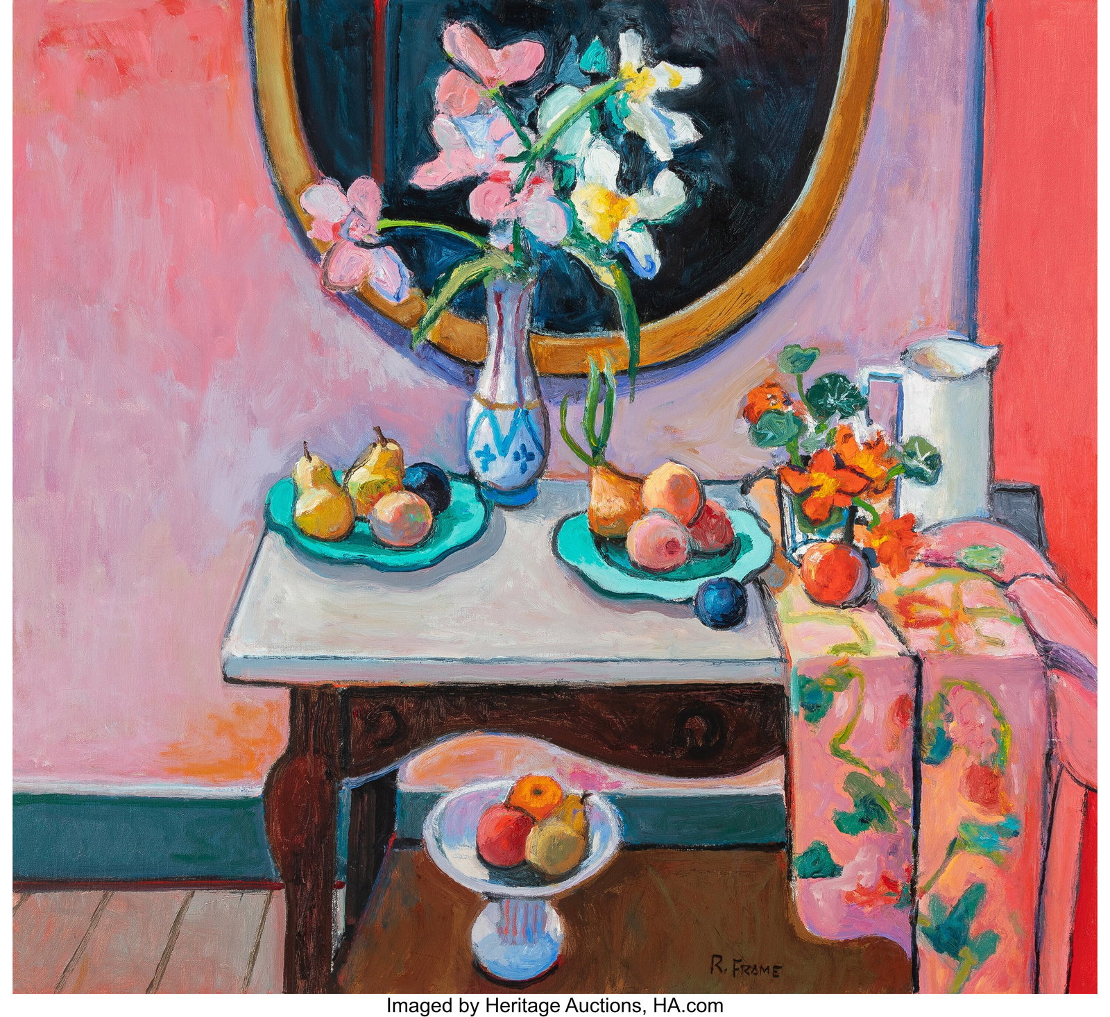 Robert Aaron Frame (1924-1999) Summer Still Life: Robert Aaron Frame (1924-1999) Summer Still Life #5 Oil on canvas 36 x 40 inches (91.4 x 101.6 cm) Signed lower center: R. Frame Signed and titled on