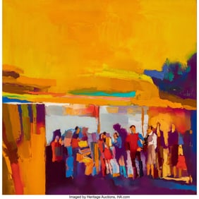 37048: Nicola Simbari (1927-2012) People Waiting Oil on