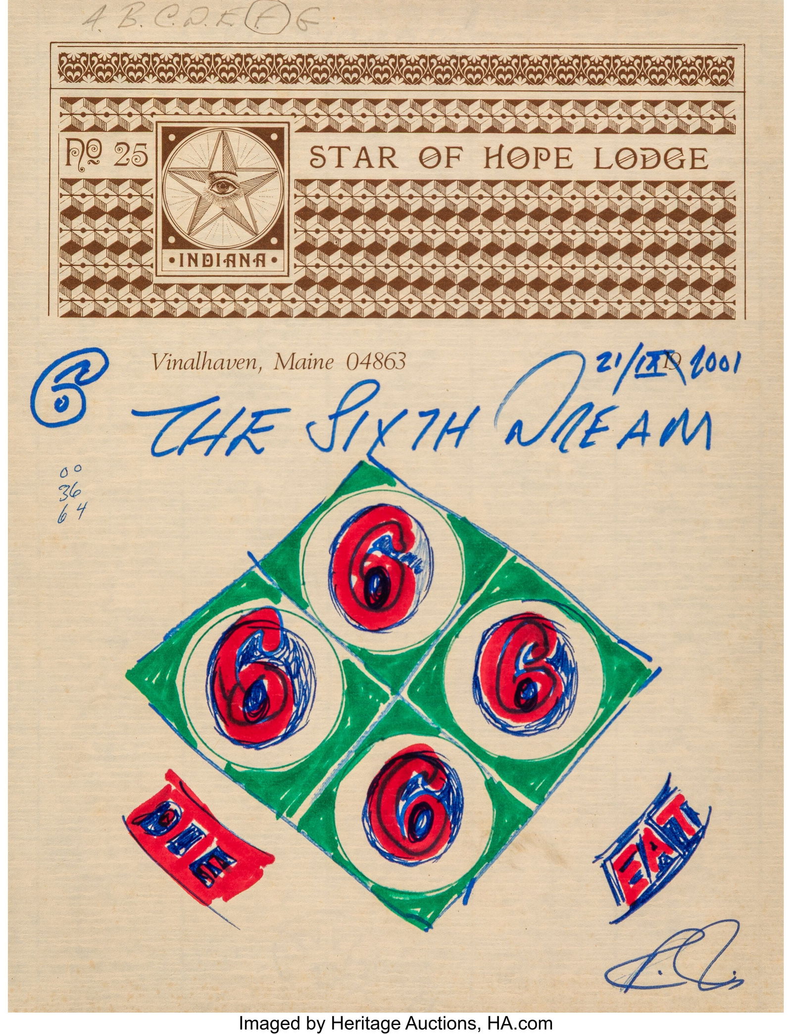 Robert Indiana (1928-2018) The Sixth Dream, 2001: Robert Indiana (1928-2018) The Sixth Dream, 2001 Ink on letterhead paper 11 x 8-1/2 inches (27.9 x 21.6 cm) (sheet) Signed lower right: Robe