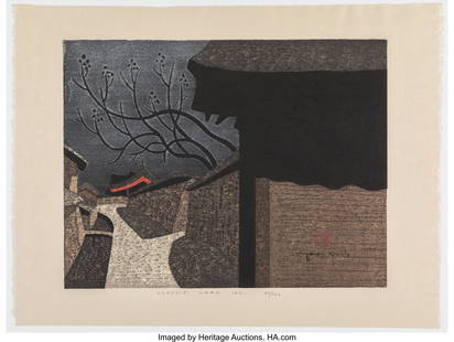 Saitō Kiyoshi (Japanese, 1907-1997) Hōryū-ji,: Saitō Kiyoshi (Japanese, 1907-1997) Hōryū-ji, Nara, 1971 Woodblock print embellished with silver metallic and mica 15-1/4 x 20-1/2 inches