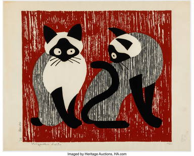 Saitō Kiyoshi (Japanese, 1907-1997) A Group of: Saitō Kiyoshi (Japanese, 1907-1997) A Group of Five Prints, Cats, 20th century Woodblock print 31-3/4 x 18-5/8 inches (80.6 x 47.3
