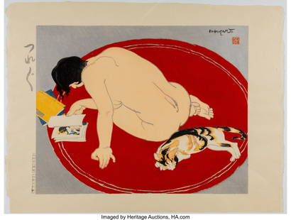 Ishikawa Toraji (Japanese, 1875-1964) Bored (Tsu: Ishikawa Toraji (Japanese, 1875-1964) Bored (Tsurezure) from the series Ten Types of Female Nudes (Rajo jusshu), 1934 Woodblock print embellished with mica