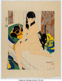 Ishikawa Toraji (Japanese, 1875-1964) Black Cat: Ishikawa Toraji (Japanese, 1875-1964) Black Cat (Yokushitsu nite), from the series Ten Types of Female Nudes (Rajo jusshu), c. 1970s Woodblock
