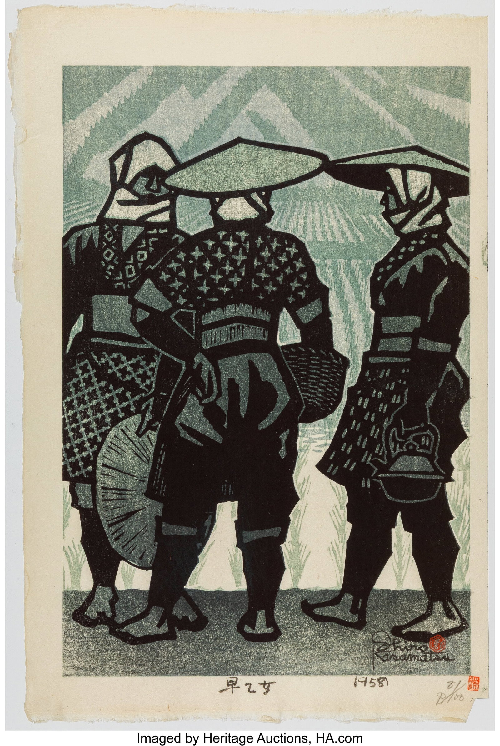 Kasamatsu Shirō (Japanese, 1898-1991) Rice Plan: Kasamatsu Shirō (Japanese, 1898-1991) Rice Planting Workers (Saotome), 1958 Woodblock print 16-7/8 x 11 inches (42.9 x 27.9 cm) (