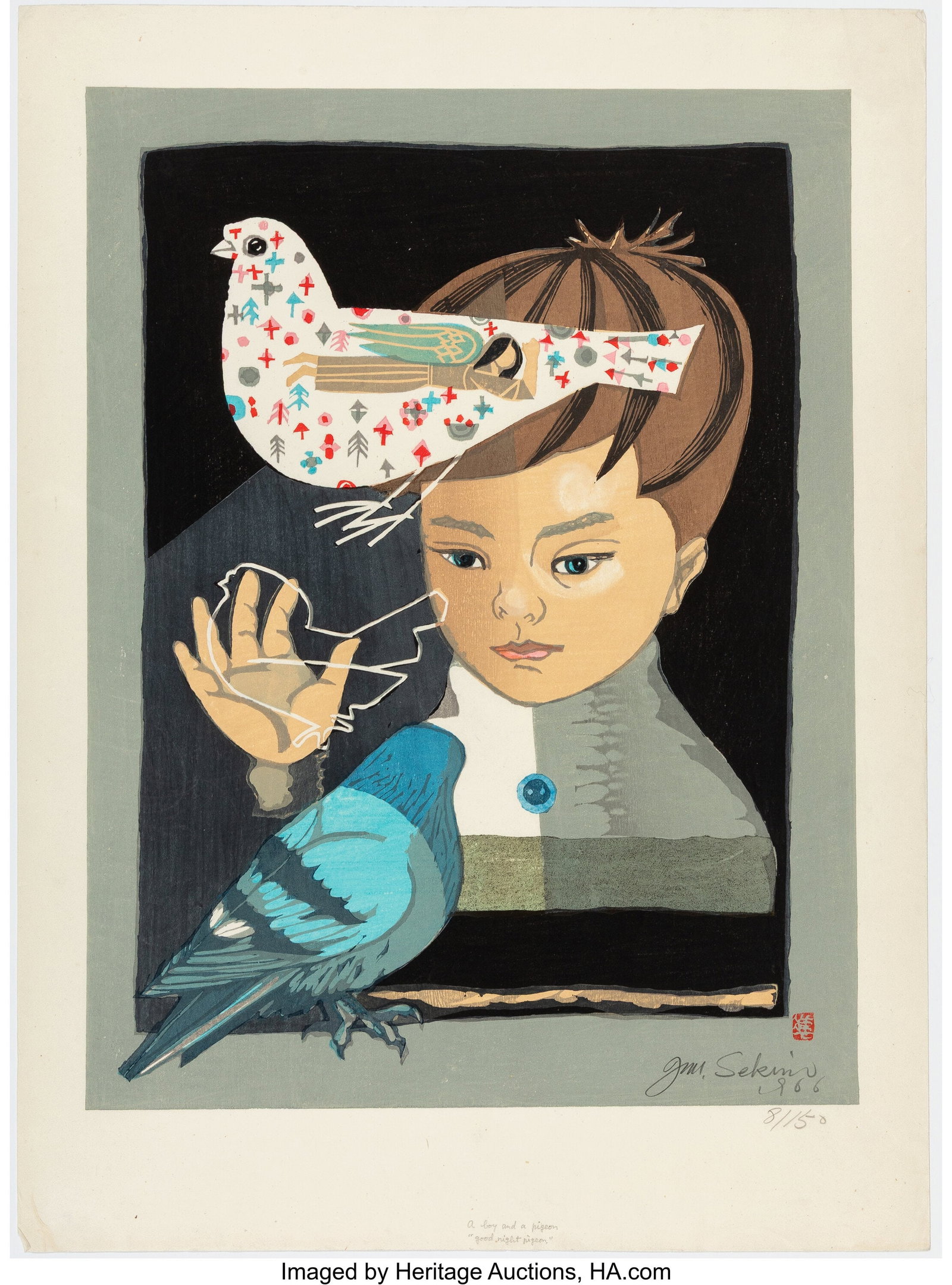 Sekino Jun'ichirô (Japanese, 1914-1988) A Boy w: Sekino Jun'ichirô (Japanese, 1914-1988) A Boy with a Pigeon (Good Night Pigeon), 1966 Woodblock print 25 x 18-3/8 inches (63.5 x 46.7 cm&rp