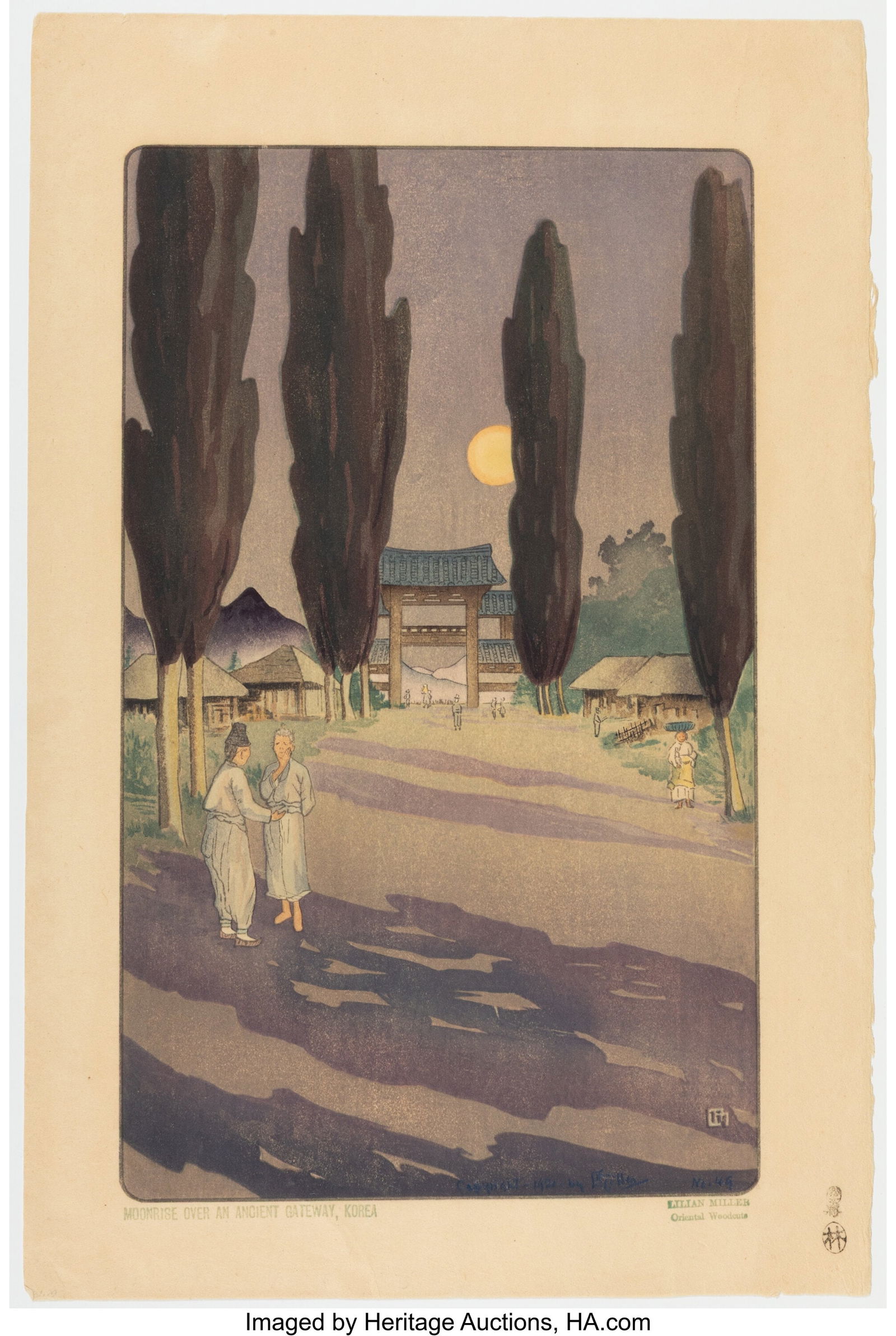 Lilian Miller (American, 1895-1943) Moonrise ove: Lilian Miller (American, 1895-1943) Moonrise over an Ancient City Gateway, Korea, 1920 Woodblock print 15-1/4 x 10-1/8 inches (38.7 x 25.7 cm&rpa