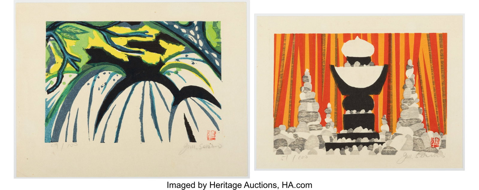 Sekino Jun'ichirô (Japanese , 1914-1988) Two Ab: Sekino Jun'ichirô (Japanese , 1914-1988) Two Abstract Prints Woodblock print 6-3/4 x 9 inches (17.1 x 22.9 cm) (each sheet, chuban) Ea