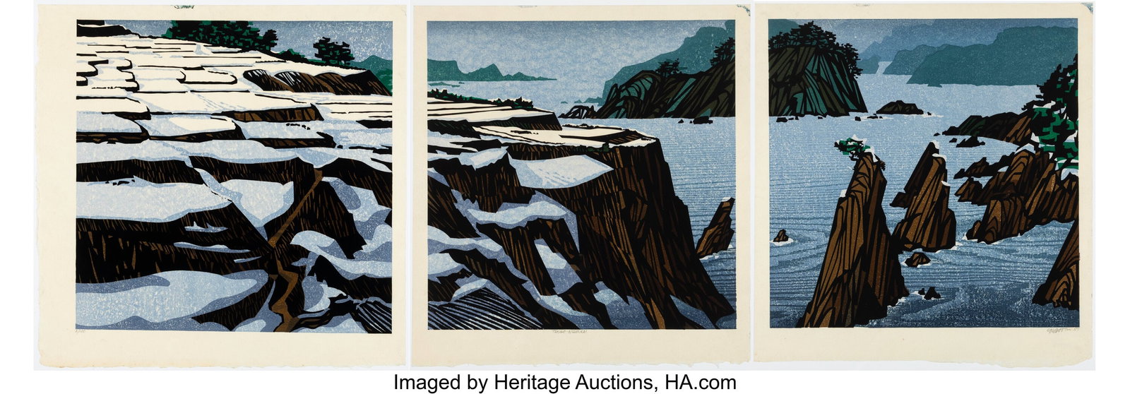 Clifton Karhu (American, 1927-2007) Tango - Niho: Clifton Karhu (American, 1927-2007) Tango - Nihonkai, 1989 Woodblock print triptych 18-1/2 x 18-1/2 inches (47.0 x 47.0 cm) (each sheet)