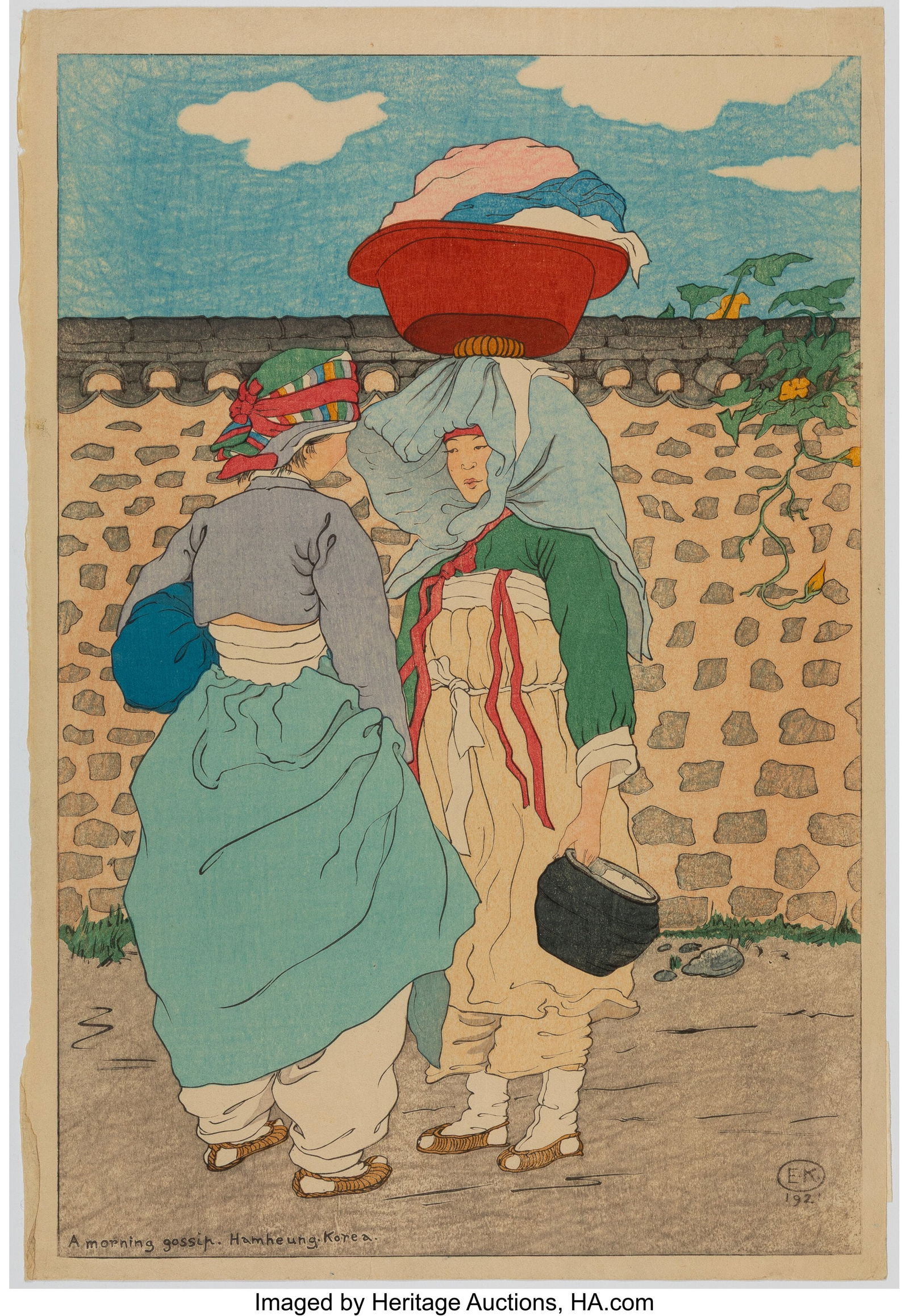 Elizabeth Keith (Scottish, 1887-1956) A Morning: Elizabeth Keith (Scottish, 1887-1956) A Morning Gossip, Hamheung, Korea, 1921 Woodblock print 16 x 10-3/4 inches (40.6 x 27.3 cm) (sh