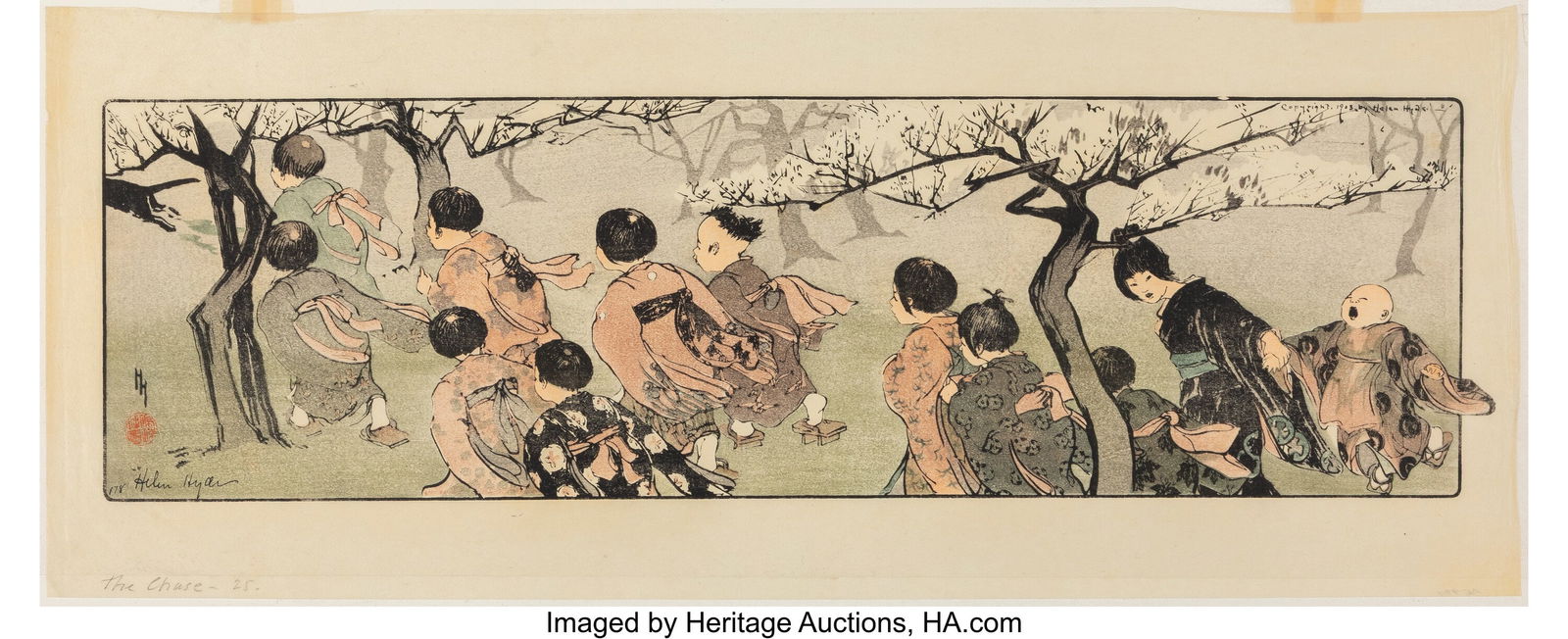 Helen Hyde (American, 1868-1919) The Chase, 1903: Helen Hyde (American, 1868-1919) The Chase, 1903 Woodblock print 8-3/4 x 21-3/4 inches (22.2 x 55.2 cm) (sheet) Signed with artist's mon