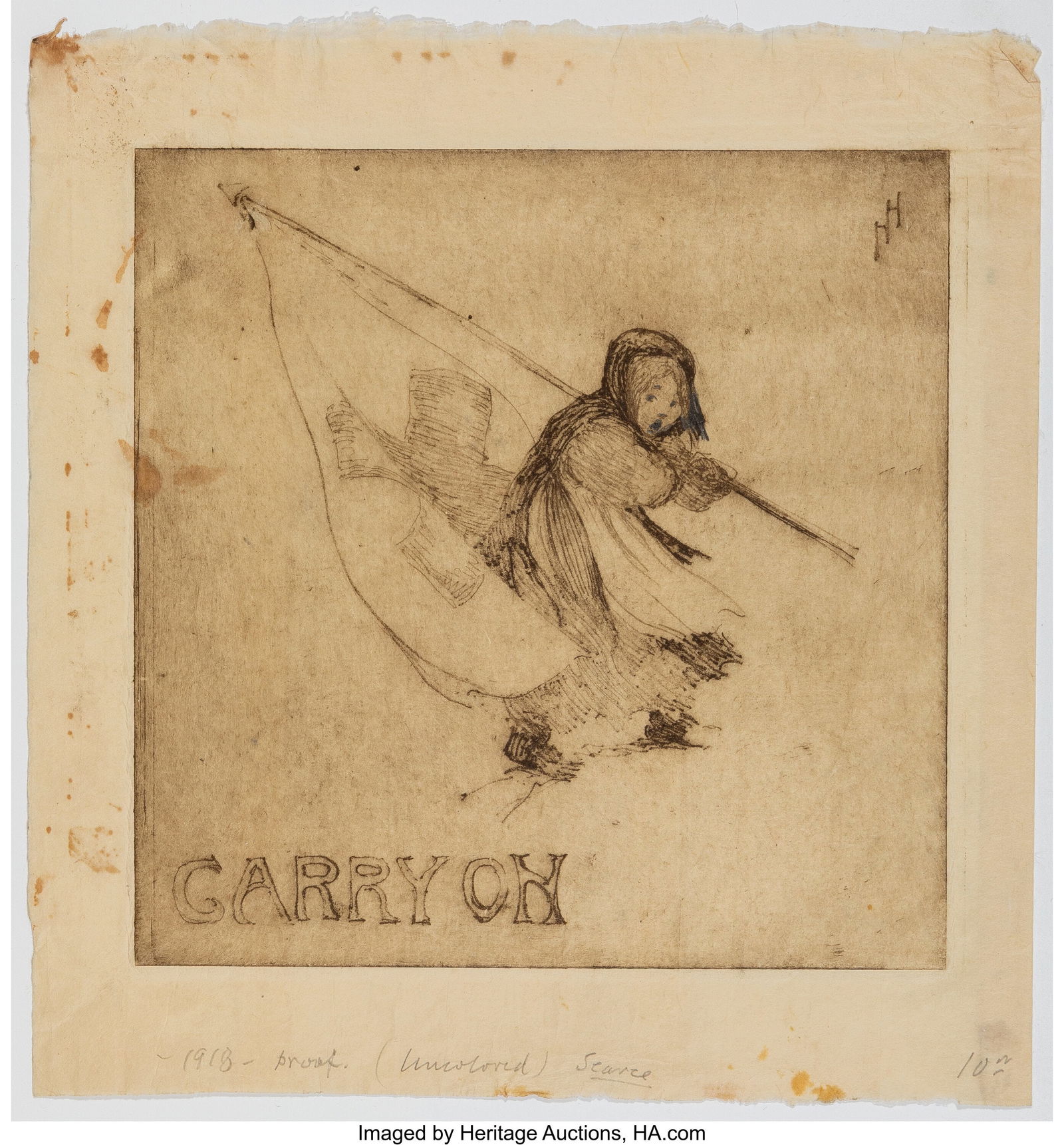 Helen Hyde (American, 1868-1919) Carry On, 1918: Helen Hyde (American, 1868-1919) Carry On, 1918 Colored etching on paper 9-7/8 x 9-7/8 inches (25.1 x 25.1 cm) (larger sheet) Signed and
