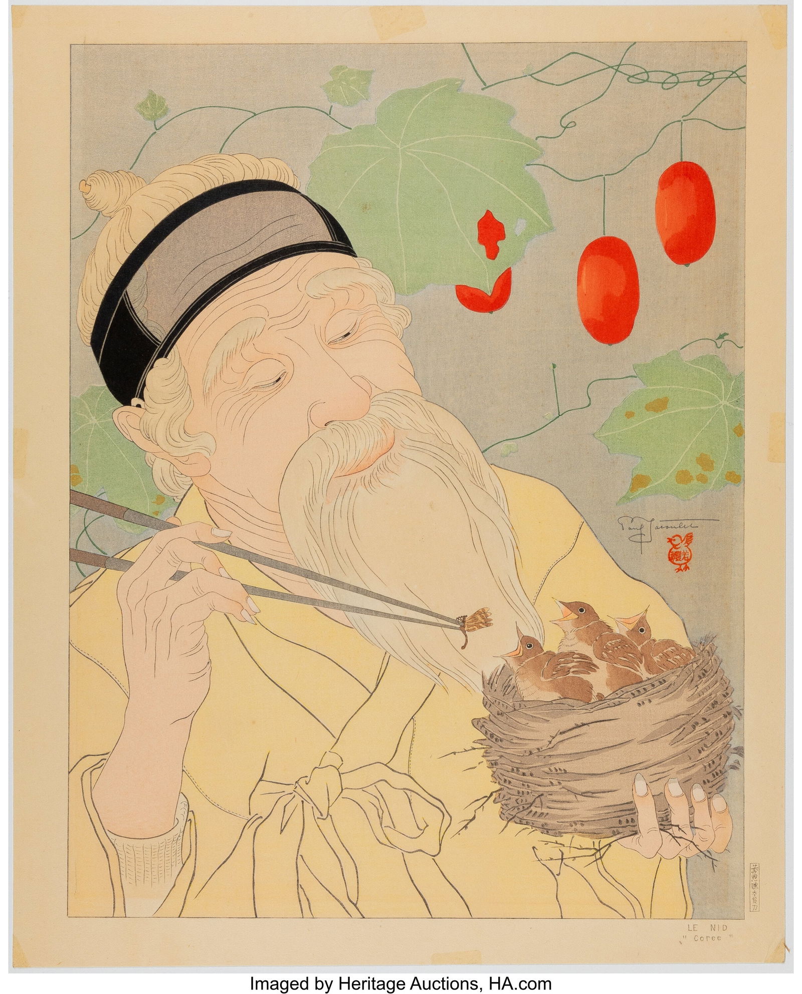 Paul Jacoulet (French, 1902-1960) The Nest, Kore: Paul Jacoulet (French, 1902-1960) The Nest, Korea (Le Nid, Coree), 1941 Woodblock print embellished with mica 16-7/8 x 13-1/2 inches (42&period