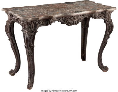 27010: A Louis XV-Style Patinated Iron and Marble Cente: A Louis XV-Style Patinated Iron and Marble Center Table, fourth quarter 19th century Foundry marks: COALBROOKDALE 28-1/4 x 42-3/4 x 21-3/4 inches (71.8 x 108&period